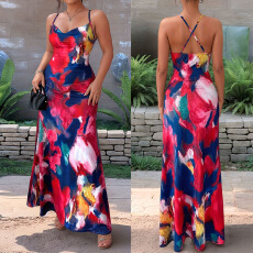 批发2026夏跨境新款独立站欧美女装辣妹露背交叉性感印花吊带<b class='q'>连衣裙</b>女