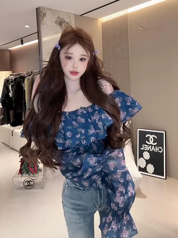프랑스식 낭만주의 바람 오프숄더 프릴 꽃무늬 여성 셔츠 조기 봄 몸매 가꾸기 나팔 소매 연령 감소 다용도 맨위