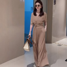 批发时尚<b class='q'>套装</b>女夏季新款韩版设计感绑带收腰短袖T恤<b class='q'>休闲</b>阔腿裤两件套