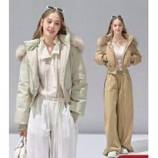 批发RECOIN R1C真貉子大毛领短款白鸭绒收腰羽绒服女款冬季小个子外套