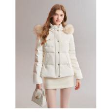 批发QDQD 90白鸭绒收腰显瘦羽绒服加厚保暖可拆卸毛领白色连帽外套冬