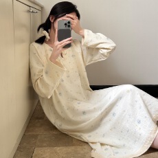 批发实拍实价<b class='q'>夏</b>季印花睡裙女提花棉薄款套头长袖家居长裙宽松