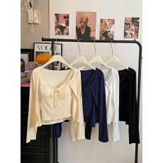 批发实拍实价不减秋冬新款花边拼接<b class='q'>背心</b>+百搭开衫套装甜美上衣套装