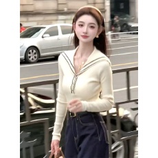 批发实价不减学院风海军领长袖<b class='q'>针织衫</b>2025早秋穿搭修身短款打底衫上衣