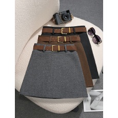 批发实拍实价不减设计感口袋毛呢包臀裙高腰防走光半身裙配腰带