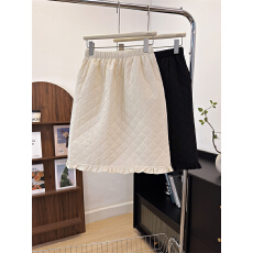 批发实拍实价不减木耳边压褶菱格夹棉<b class='q'>半身</b>裙松紧腰百搭防走光<b class='q'>中裙</b>