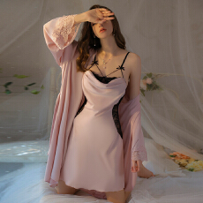 批发实拍实价性感荡领<b class='q'>缎面</b>蕾丝拼接透视诱惑吊带睡裙外袍女士家居套装