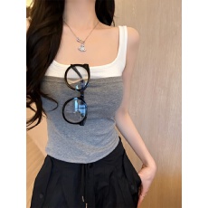 批发实拍实价不减带胸垫辣妹风假两件修身拼接<b class='q'>打底衫</b>上衣撞色内搭T恤