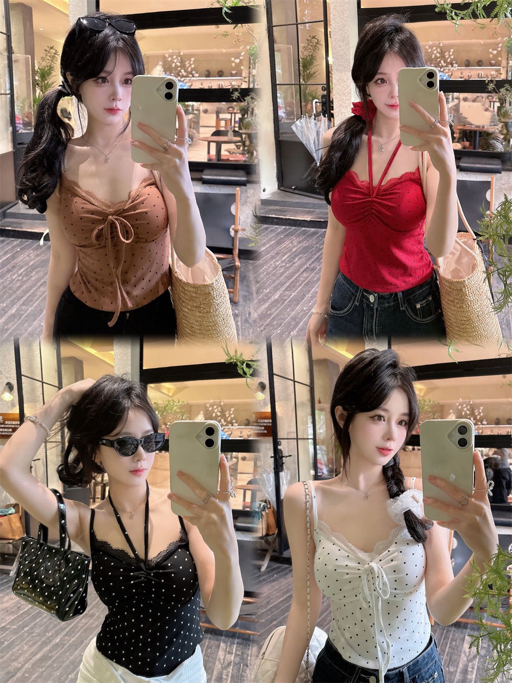 실사 정가 감소되지 않음 소녀 바람 도트 레이스 패치워크 행침 목 캐미솔 원피스 벨트 가슴 패드 의류