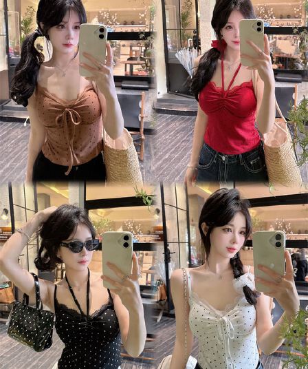 실사 정가 감소되지 않음 소녀 바람 도트 레이스 패치워크 행침 목 캐미솔 원피스 벨트 가슴 패드 의류