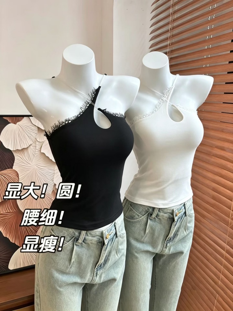 정가 감소되지 않음 작은 대중 비대칭 비스듬한 칼라 행침 목 홀로우 아웃 레이스 측면 슬림해 보이는 조끼 슬립 맨위 여성