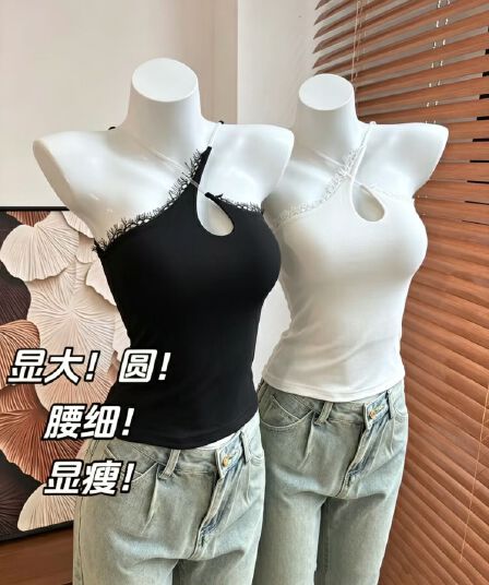 정가 감소되지 않음 작은 대중 비대칭 비스듬한 칼라 행침 목 홀로우 아웃 레이스 측면 슬림해 보이는 조끼 슬립 맨위 여성
