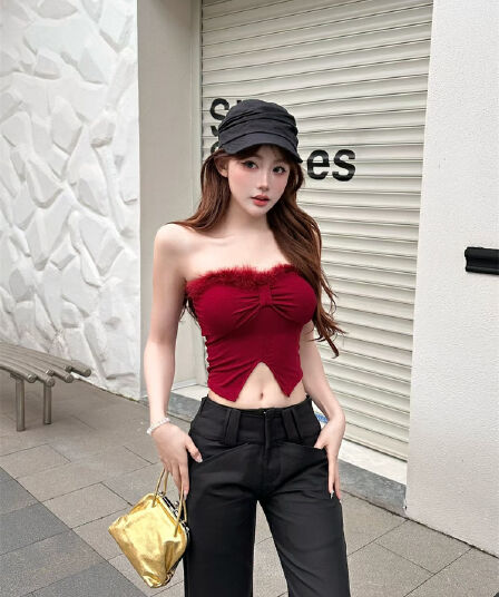 실사 정가 감소되지 않음 섹시함 플리스 패치워크 트임 튜브탑 조끼 여성 벨트 가슴 패드 몸매 가꾸기 품격 핫걸 맨위