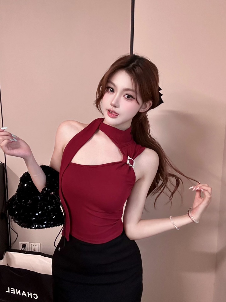 실사 정가 감소되지 않음 섹시함 핫걸 금속 버클 비스듬한 어깨 리본 조끼 슬림해 보이는 디자인 센스 외출용 맨위