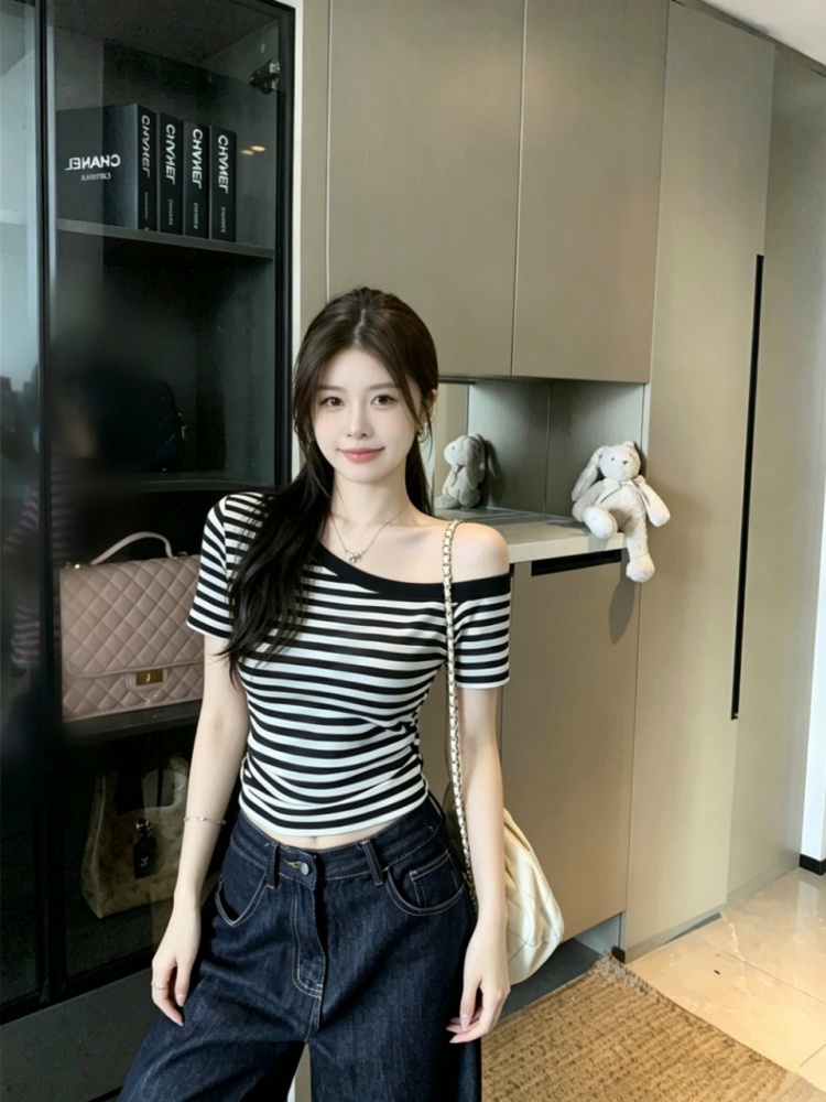 실사 정가 새로운 순수한 욕망 바람 스트라이프 프린트 패치워크 반팔 티셔츠 몸매 가꾸기 원피스 벨트 가슴 패드 의류