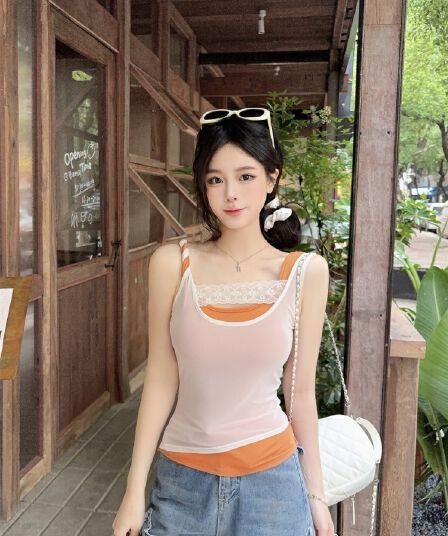 실사 정가 감소되지 않음 핫걸 바람 섹시함 배색 패치워크 캐미솔 몸매 가꾸기 슬림해 보이는 다용도 맨위