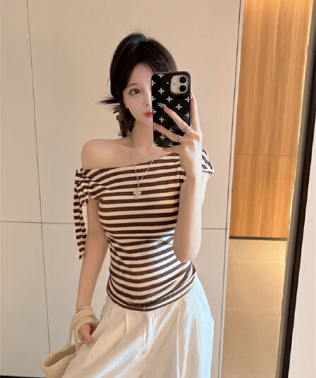 실사 정가 감소되지 않음 비스듬한 어깨 리본 스트라이프 반팔 티셔츠 벨트 가슴 패드 몸매 가꾸기 슬림해 보이는 작은 심장 기계 핫걸 맨위