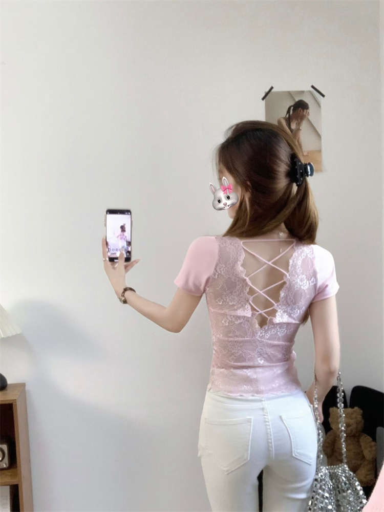 실사 정가 감소되지 않음 뒤로 레이스 스트랩 아름다운 디스플레이 얇고 작은 맨위 여름 디자인 센스 반팔 티셔츠
