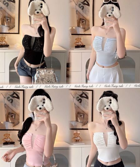 실사 정가 감소되지 않음 핫걸 망사 패치워크 V넥 핫픽스 튜브탑 조끼 여성 이슬 뼈의 몸매 가꾸기 쇼트 스타일 맨위