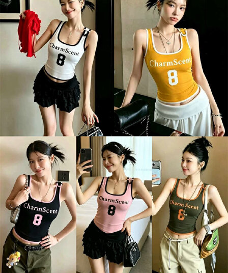 정가 감소되지 않음 아메리칸 숫자 프린트 품격 u 칼라 캐미솔 몸매 가꾸기 슬림해 보이는 핫걸 맨위