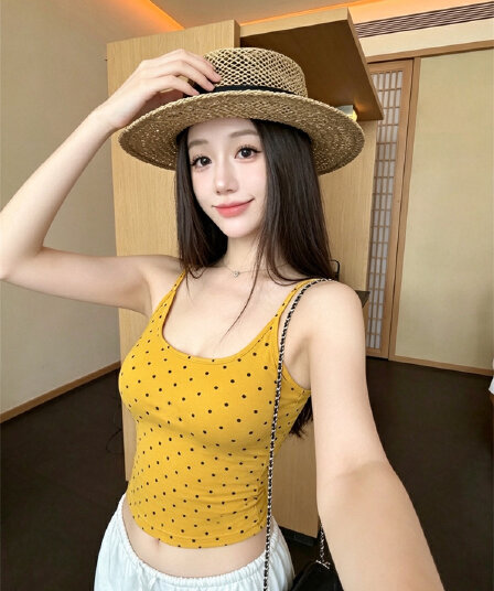 실사 정가 감소되지 않음 핫걸 달콤함 도트 무늬 u 칼라 캐미솔 섹시함 순수한 욕망 몸매 가꾸기 슬림해 보이는 다용도 맨위