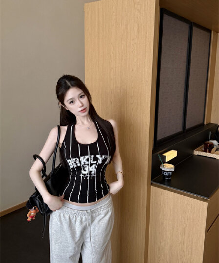 실사 정가 감소되지 않음 아메리칸 달콤한 핫걸 u 칼라 알파벳 숫자 프린트 행침 목 조끼 여성 민소매 몸매 가꾸기 맨위