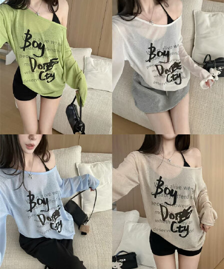 실사 정가 감소되지 않음 알파벳 프린트 마이크로 ~을 통해 긴팔 티셔츠 오프숄더 루즈핏 느긋한 바람 얇은 스타일 태양 보호 셔츠