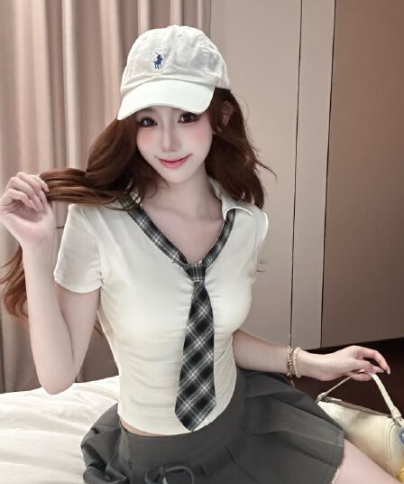 실사 정가 감소되지 않음 벨트 가슴 패드 몸매 가꾸기 슬림해 보이는 학원 연령 감소 맨위 한 부서 부드러운 리본 반팔 티셔츠 여성