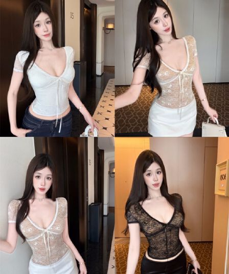 실사 정가 감소되지 않음 순수한 욕망 바람 스트랩 V넥 반팔 레이스 티셔츠 여성 몸매 가꾸기 마이크로 ~을 통해 디스플레이 몸 쇼트 스타일 맨위