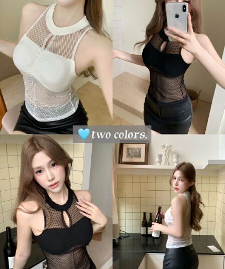 실사 정가 감소되지 않음 섹시함 행침 목 망사 패치워크 홀로우 아웃 조끼 시스루 몸매 가꾸기 원피스 벨트 가슴 패드 의류