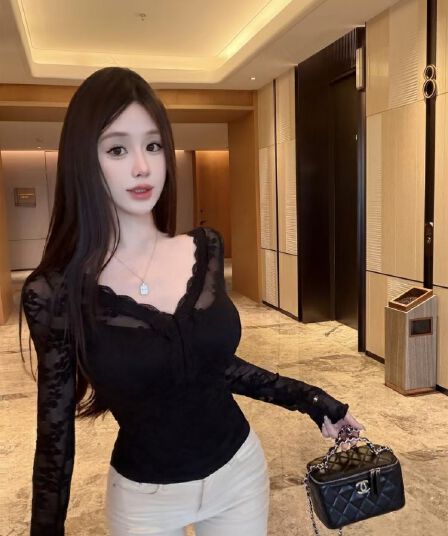 실사 정가 감소되지 않음 부드러운 순수한 욕망 레이스 V넥 레이스 기본 셔츠 여성 가을 겨울 긴팔 인사이드 가져 가라. 섹시함 맨위