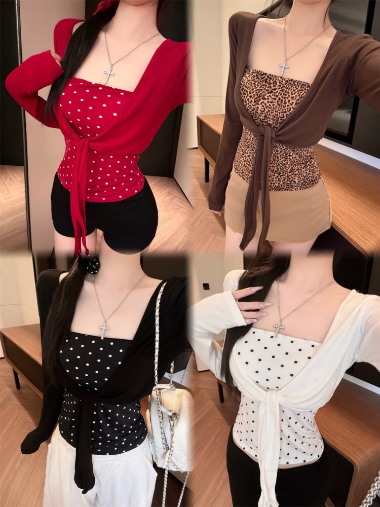 BY36728# 秋季蝴蝶结长袖T恤女修身显瘦韩系上衣两件套  服裝批發女裝批發服飾貨源