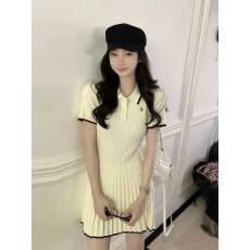 批发纯欲撞色Polo领纽扣针织短袖连衣裙女<b class='q'>夏</b>季新款修身显瘦短款A字裙