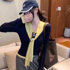 批发韩系撞色配披肩v领打底针织衫女秋冬洋气内搭毛衣可外穿长袖上衣