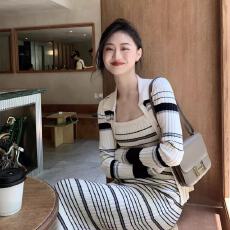 批发2025新款条纹针织开衫吊带裙两件套<b class='q'>春</b>季新款慵懒风显瘦气质小香风