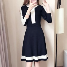 批发韩国<b class='q'>高档</b>镂空中长款过膝毛衣裙秋冬圆领撞色打底内搭针织衫<b class='q'>连衣裙</b>