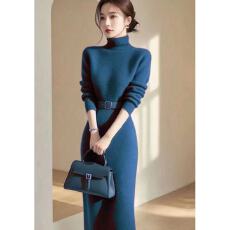 批发韩国<b class='q'>高档</b>冷淡系气质名媛时尚高领OL过膝针织毛衣<b class='q'>连衣裙</b>秋冬配腰带