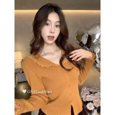 批发秋冬季设计感<b class='q'>蕾丝</b>花边针织开衫女新款韩系娃娃领显瘦气质长袖