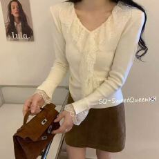 批发韩版气质甜美风<b class='q'>荷叶边</b>V领设计感修身显瘦百搭洋气长袖针织上衣女