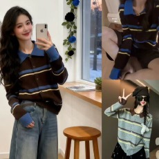 批发撞色条纹翻领羊毛针织开衫女<b class='q'>欧洲站</b>2025秋装新款欧货女装短外套潮