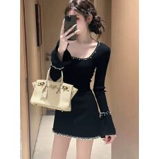 批发小香风黑色喇叭长袖连衣裙2025秋季新款富家千金穿搭<b class='q'>修身</b>A字短裙