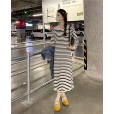 批发韩国复古慵懒风POLO<b class='q'>翻领</b>撞色条纹针织毛衣<b class='q'>连衣裙</b>女秋冬宽松遮肚子