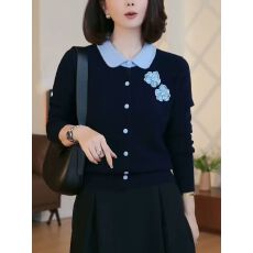 批发假两件蓝色翻领<b class='q'>针织</b><b class='q'>开衫</b>女秋冬季2025年新款保暖毛衣短款长袖上衣