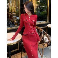 批发秋冬新品韩版<b class='q'>女装</b>小香风气质长袖针织连衣裙中长款显瘦打底毛衣裙