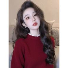 批发法式复古红色圆领套头毛衣女款2025新款初秋冬慵懒打底长袖针织衫