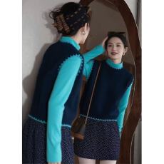 批发2025冬季独特别致高级感超好看松弛感藏蓝色针织马甲打底衫套装女