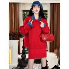 批发慵懒风圣诞红色时尚套装女秋冬衬衫领口毛衣松紧腰半身短裙<b class='q'>两件套</b>