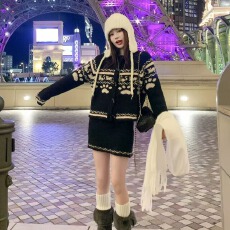 批发曾小咸 韩系小香风黑色提花毛衣<b class='q'>外套</b>女秋季针织开衫<b class='q'>上衣</b>裙子套装