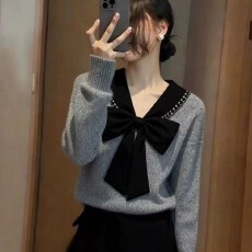 批发2025新款韩系上衣女装秋冬<b class='q'>羊绒</b>独特漂亮洋气减龄灰色蝴蝶结针织衫