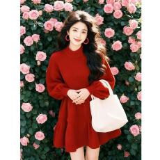 批发<b class='q'>韩国</b>圣诞节本命年新年过年战袍穿搭气质红色灯笼袖针织毛衣连衣裙